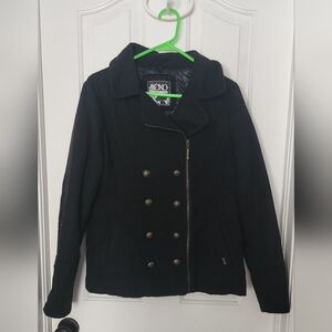XOXO Women's Black Pea Coat with Double-Breasted Design